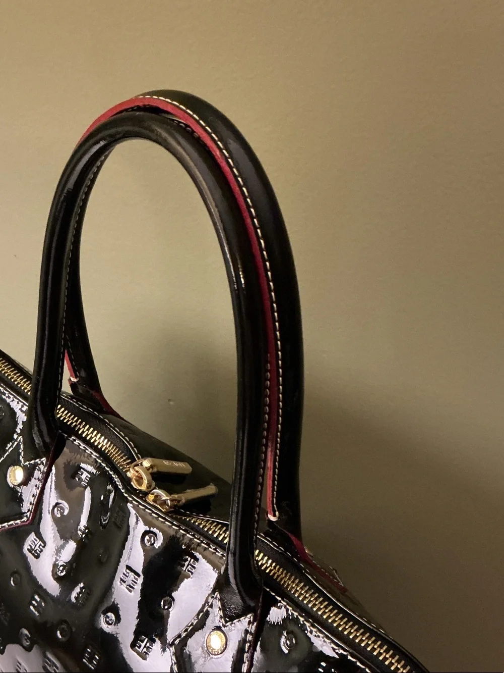 Arcadia Black Patent Leather Dome Satchel with Red Trim & Contrast Stitching NEW